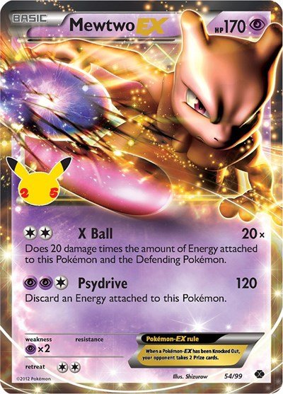 Pokémon card: Mewtwo EX Classic Collection 054/099 from Celebrations Classic Collection, Psychic type, front of card