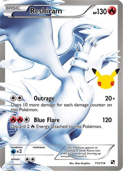 Pokémon card: Reshiram Classic Collection 113/114 from Celebrations Classic Collection, Fire type, front of card