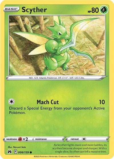 Pokémon card: Scyther 006/159 from Crown Zenith (Common), Grass type, front of card