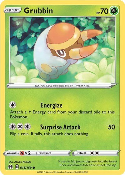 Pokémon card: Grubbin 015/159 from Crown Zenith (Common), Grass type, front of card