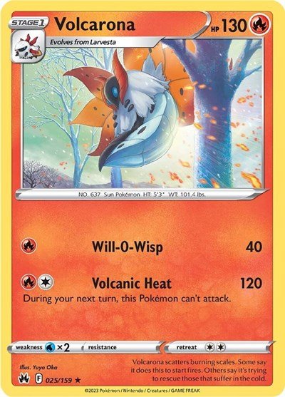 Pokémon card: Volcarona 025/159 from Crown Zenith (Rare), Fire type, front of card