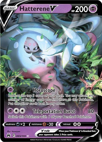 Pokémon card: Hatterene V 065/159 from Crown Zenith (Ultra Rare), Psychic type, front of card