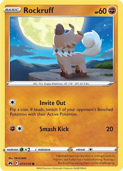 Pokémon card: Rockruff 073/159 from Crown Zenith (Common), Fighting type, front of card