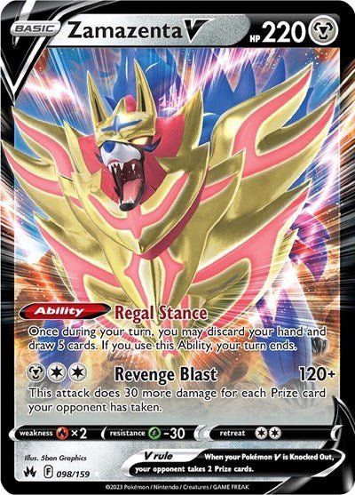 Pokémon card: Zamazenta V 098/159 from Crown Zenith (Ultra Rare), Metal type, front of card