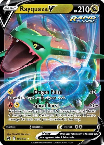 Pokémon card: Rayquaza V 100/159 from Crown Zenith (Ultra Rare), Dragon type, front of card