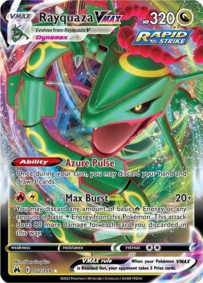 Pokémon card: Rayquaza VMAX 102/159 from Crown Zenith (Ultra Rare), Dragon type, front of card