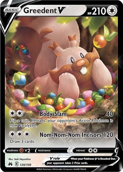 Pokémon card: Greedent V 120/159 from Crown Zenith (Ultra Rare), Colorless type, front of card