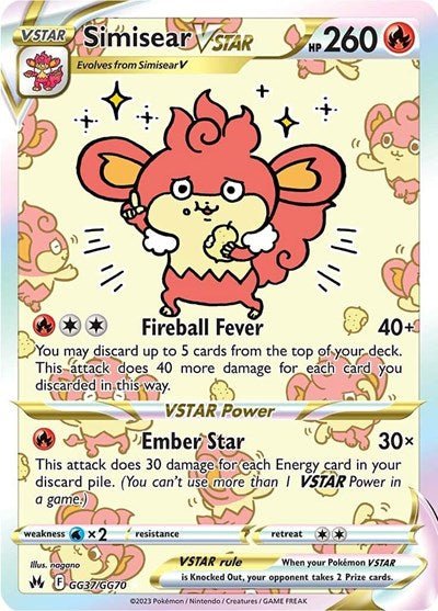 Pokémon card: Simisear VSTAR GG37/GG70 from Crown Zenith Galarian Gallery (Ultra Rare), Fire type, front of card