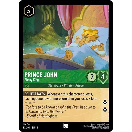 Lorcana card: Prince John - Phony King 083/204 from Into The Inklands (Uncommon), front of card