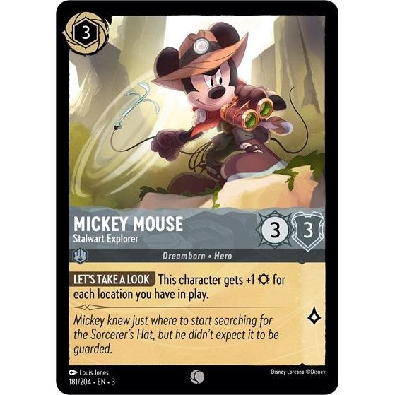 Lorcana card: Mickey Mouse - Stalwart Explorer 181/204 from Into The Inklands (Common), front of card