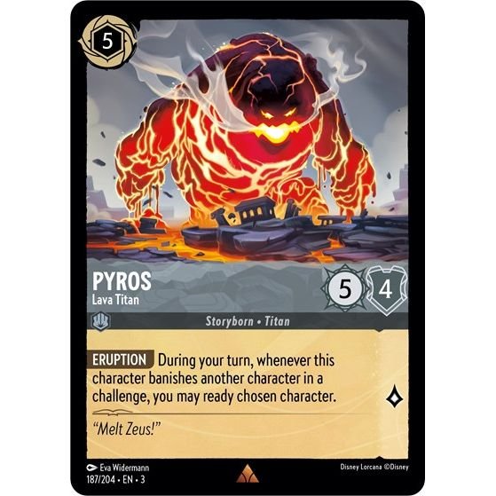 Lorcana card: Pyros - Lava Titan 187/204 from Into The Inklands (Rare), front of card