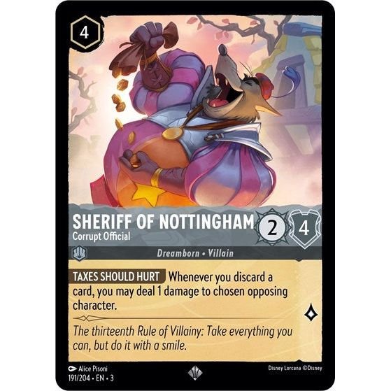 Lorcana card: Sheriff of Nottingham - Corrupt Official 191/204 from Into The Inklands (Super Rare), front of card