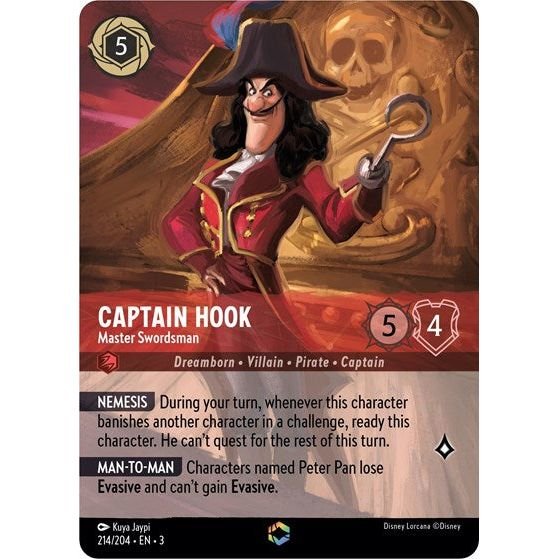 Lorcana card: Captain Hook - Master Swordsman 214/204 from Into The Inklands (Enchanted), front of card