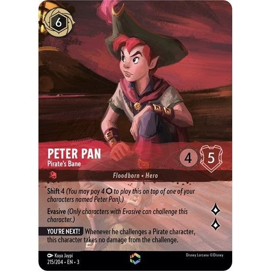 Lorcana card: Peter Pan - Pirate's Bane 215/204 from Into The Inklands (Enchanted), front of card