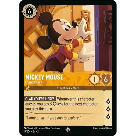 Lorcana card: Mickey Mouse - Friendly Face 013/204 from Rise of the Floodborn (Super Rare), front of card