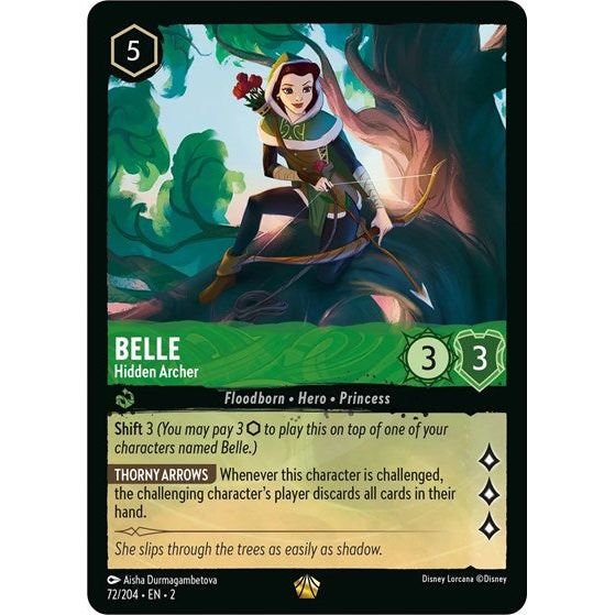 Lorcana card: Belle - Hidden Archer 072/204 from Rise of the Floodborn (Legendary), front of card