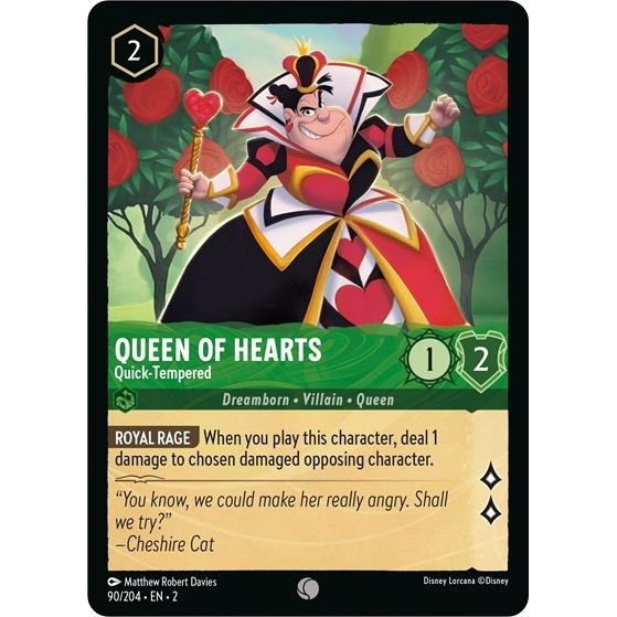 Lorcana card: Queen of Hearts - Quick-Tempered 090/204 from Rise of the Floodborn (Common), front of card