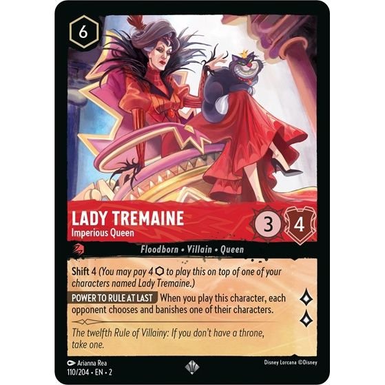 Lorcana card: Lady Tremaine - Imperious Queen 110/204 from Rise of the Floodborn (Super Rare), front of card