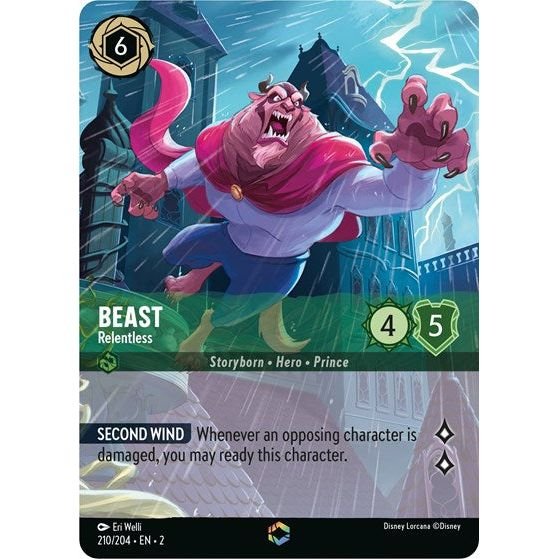 Lorcana card: Beast - Relentless 210/204 from Rise of the Floodborn (Enchanted), front of card