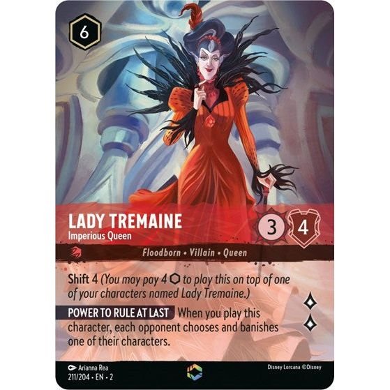 Lorcana card: Lady Tremaine - Imperious Queen 211/204 from Rise of the Floodborn (Enchanted), front of card