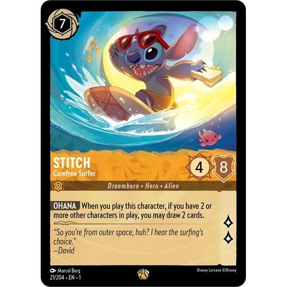 Lorcana card: Stitch - Carefree Surfer 021/204 from The First Chapter (Legendary), front of card