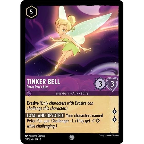 Lorcana card: Tinker Bell - Peter Pan's Ally 058/204 from The First Chapter (Common), front of card