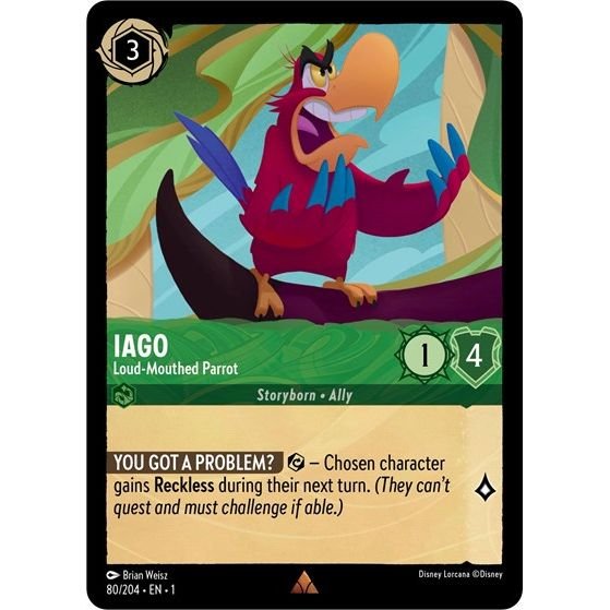 Lorcana card: Iago - Loud-Mouthed Parrot 080/204 from The First Chapter (Rare), front of card