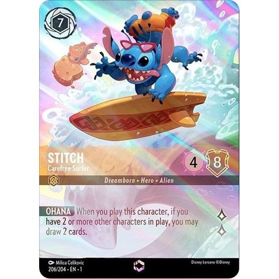 Lorcana card: Stitch - Carefree Surfer 206/204 from The First Chapter (Enchanted), front of card
