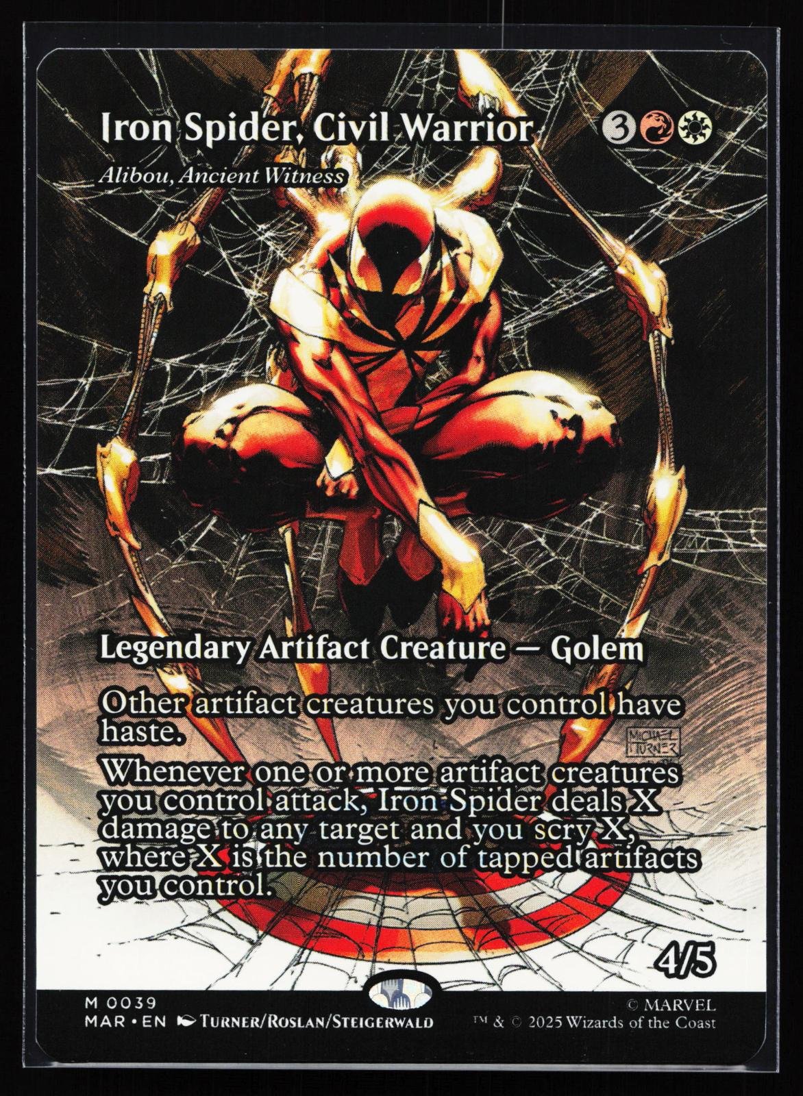 Magic: The Gathering card: Marvel Universe Eternal-Legal 39 Iron Spider, Civil Warrior - Alibou, Ancient Witness (Borderless), front of card