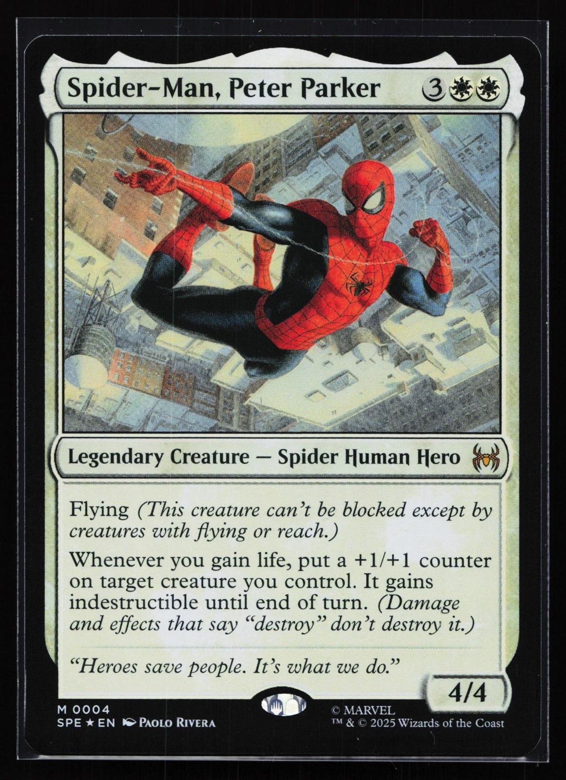 Magic: The Gathering card: Marvel's Spider-Man: Eternal-Legal 4 Spider-Man, Peter Parker Mythic Foil, front of card