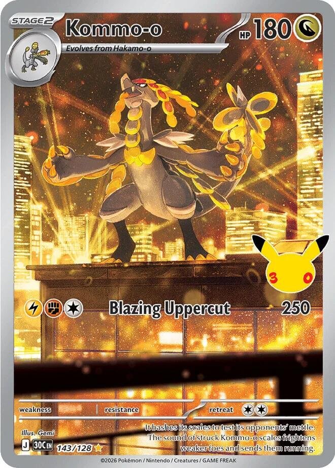 Pokémon card: Kommo-o 143/128 from 30th Celebration (M6a) (Illustration Rare), front of card