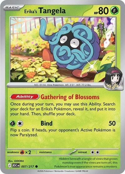 Pokémon card: Erika's Tangela 007/217 from Ascended Heroes (Common), Grass type, front of card