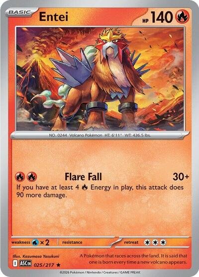 Pokémon card: Entei 025/217 from Ascended Heroes (Rare), Fire type, front of card
