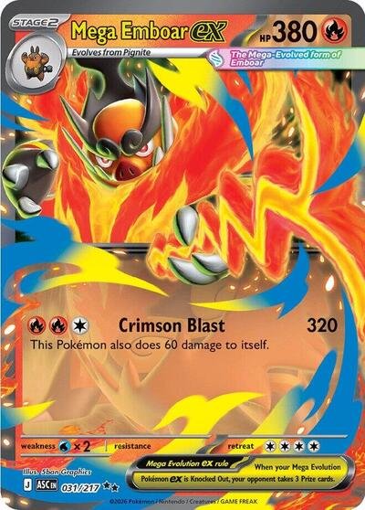 Pokémon card: Mega Emboar ex 031/217 from Ascended Heroes (Double Rare), Fire type, front of card