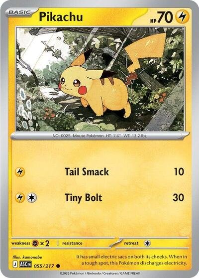 Pokémon card: Pikachu 055/217 from Ascended Heroes (Common), Lightning type, front of card