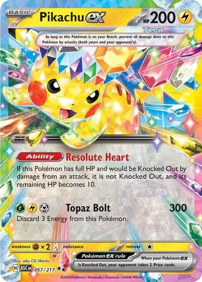 Pokémon card: Pikachu ex 057/217 from Ascended Heroes (Double Rare), Lightning type, front of card