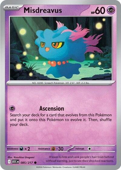 Pokémon card: Misdreavus 085/217 from Ascended Heroes (Common), Psychic type, front of card