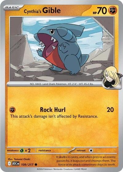 Pokémon card: Cynthia's Gible 109/217 from Ascended Heroes (Common), Fighting type, front of card