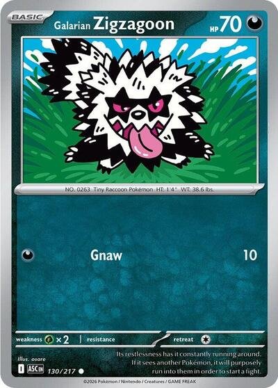 Pokémon card: Galarian Zigzagoon 130/217 from Ascended Heroes (Common), Darkness type, front of card