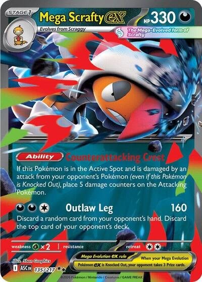 Pokémon card: Mega Scrafty ex 135/217 from Ascended Heroes (Double Rare), Darkness type, front of card