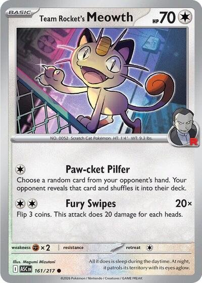 Pokémon card: Team Rocket's Meowth 161/217 from Ascended Heroes (Common), Colorless type, front of card
