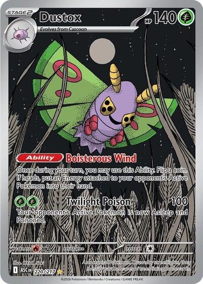 Pokémon card: Dustox 220/217 from Ascended Heroes (Illustration Rare), Grass type, front of card