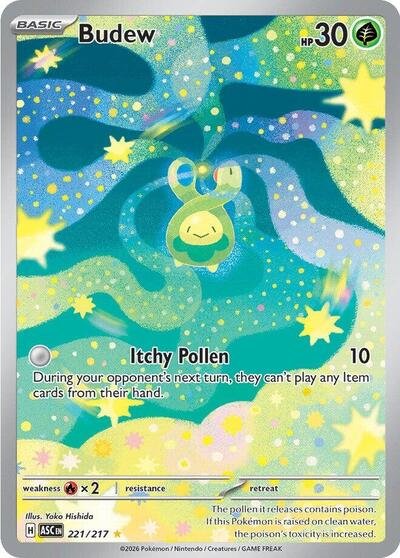 Pokémon card: Budew 221/217 from Ascended Heroes (Illustration Rare), Grass type, front of card
