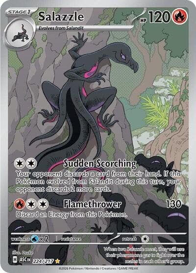 Pokémon card: Salazzle 224/217 from Ascended Heroes (Illustration Rare), Fire type, front of card