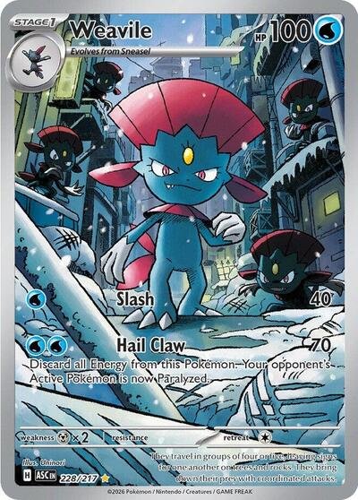 Pokémon card: Weavile 228/217 from Ascended Heroes (Illustration Rare), Water type, front of card