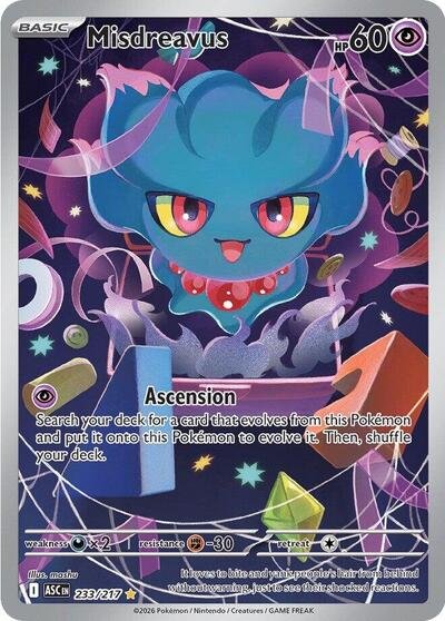 Pokémon card: Misdreavus 233/217 from Ascended Heroes (Illustration Rare), Psychic type, front of card