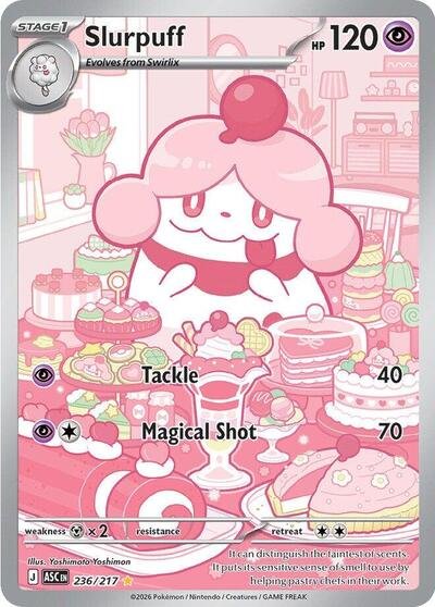 Pokémon card: Slurpuff 236/217 from Ascended Heroes (Illustration Rare), Psychic type, front of card