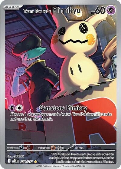 Pokémon card: Team Rocket's Mimikyu 238/217 from Ascended Heroes (Illustration Rare), Psychic type, front of card