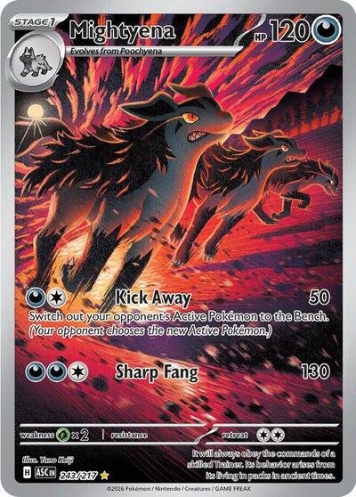 Pokémon card: Mightyena 243/217 from Ascended Heroes (Illustration Rare), Darkness type, front of card