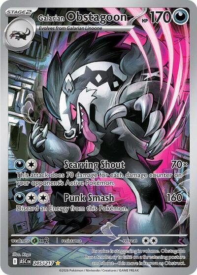 Pokémon card: Galarian Obstagoon 245/217 from Ascended Heroes (Illustration Rare), Darkness type, front of card